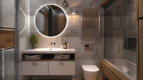 Modern Bathroom with LED Lighting, Round Mirror, and Minimalist Design