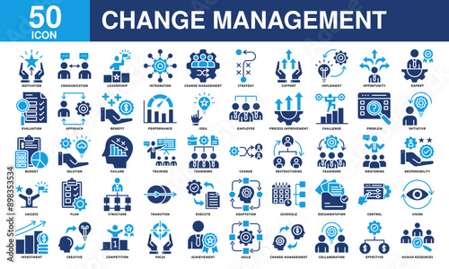 Change management icon collection set. Containing management, teamwork, business, leadership, mentoring, implement, employee icon. Simple color fill vector.