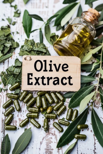 Olive leaf extract in supplement capsules on the table. Selective focus.