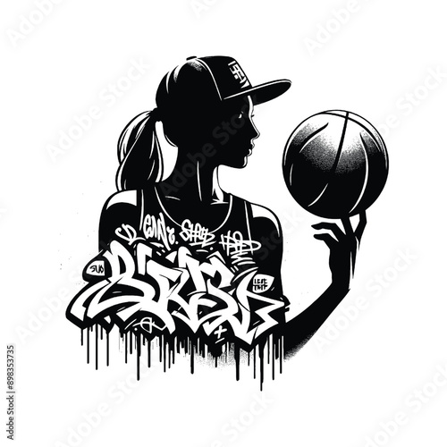 Basketball  female player in graffiti tags, street art pattern illustration, emblem shield badge