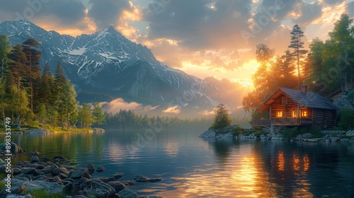 Fototapeta Naklejka Na Ścianę i Meble -  Golden hour sunlight illuminating a cozy wooden cabin reflecting in a pristine lake with a backdrop of snow capped mountains