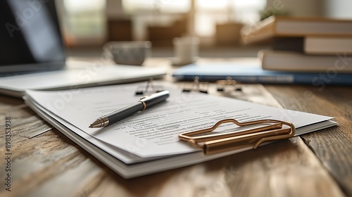 Close-up of documents and pen on a wooden desk photo