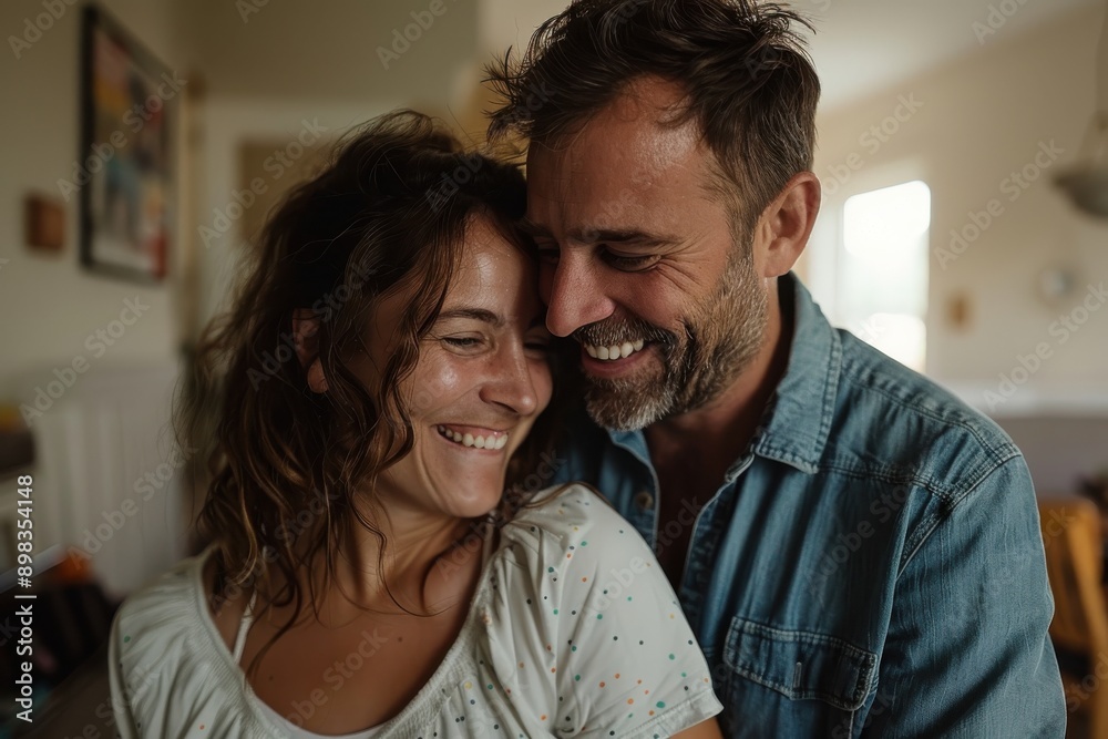 A smiling couple is sharing a joyful and affectionate moment at home, illustrating happiness, love, and a strong connection within a cozy and inviting living space. A smiling couple is sharing a joyful and affectionate moment at home, illustrating happiness, love, and a strong connection within a cozy and inviting living space.