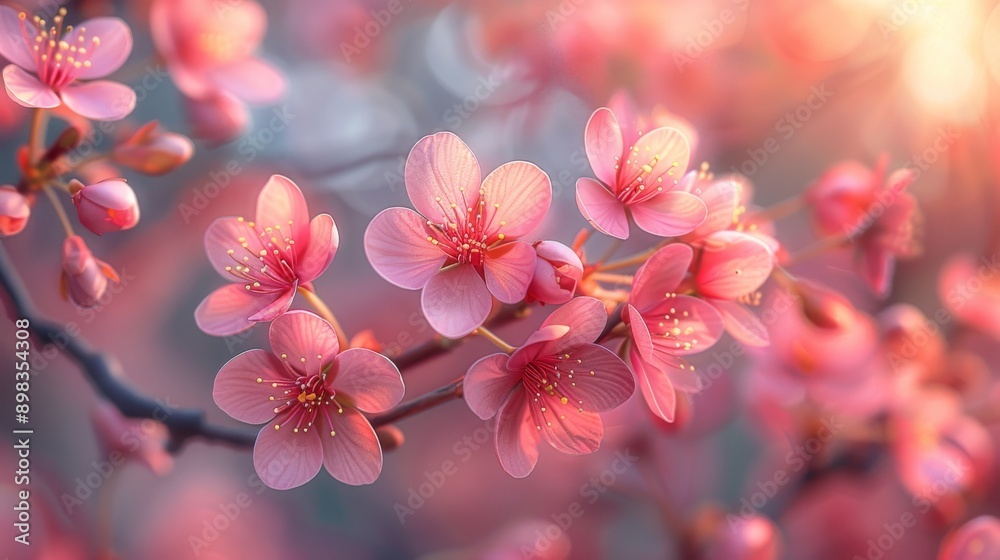 Cherry blossom branch with pink flowers blooming during spring time in the setting sun