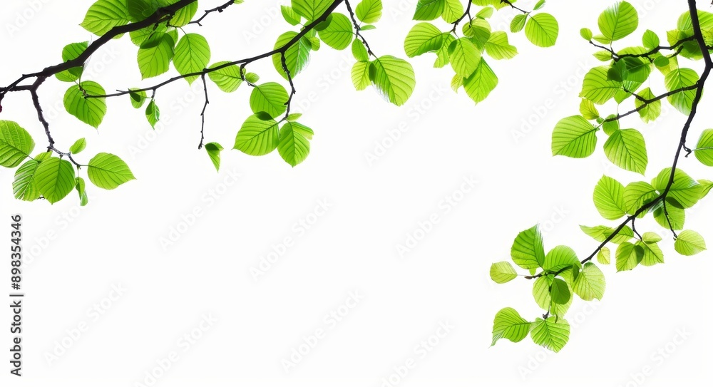 On top of the image there are large tree branches and foliage leaves in a 3D render On top of the image there are large tree branches and foliage leaves in a 3D render