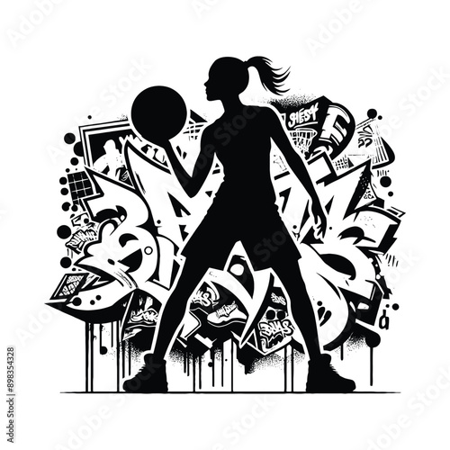 Basketball  female player in graffiti tags, street art pattern illustration, emblem shield badge