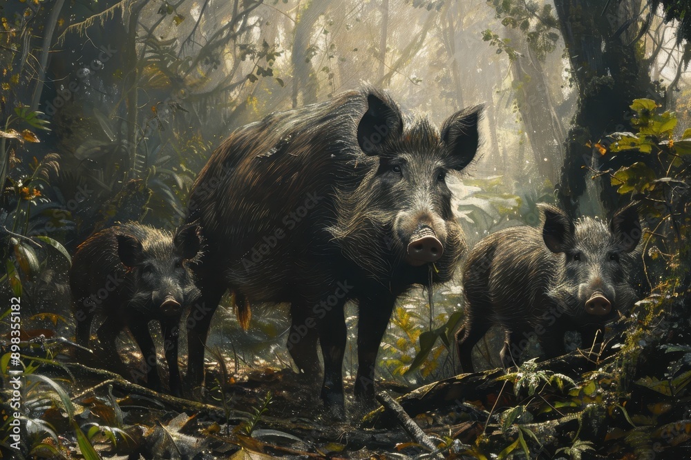 A family of wild boars foraging in the undergrowth of a dense forest. A family of wild boars foraging in the undergrowth of a dense forest.