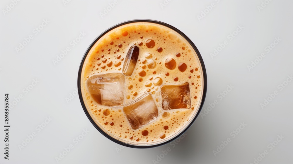 Top-view of a glass of iced coffee with ice cubes and foam on the surface. Top-view of a glass of iced coffee with ice cubes and foam on the surface.