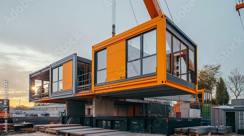 Modular home construction with crane lifting orange prefab unit
