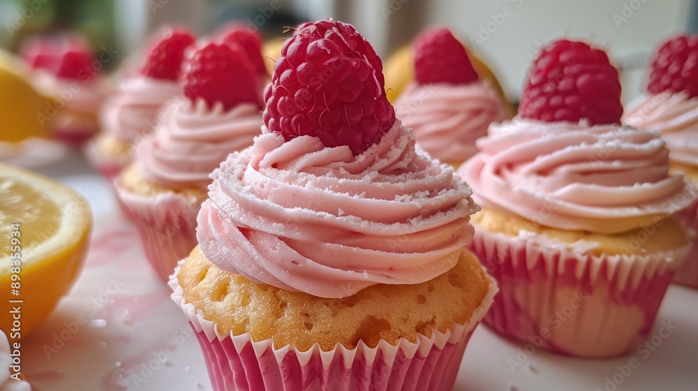 Close up of raspberry cupcakes, with pink cream on top Close up of raspberry cupcakes, with pink cream on top