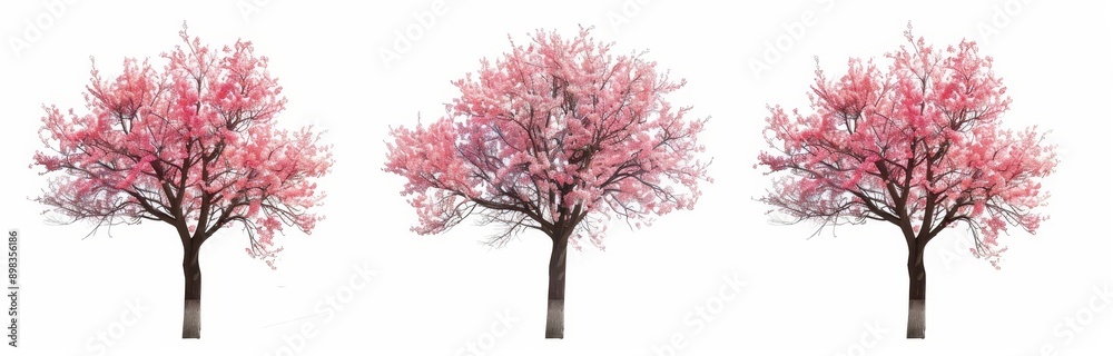 Three dimensional rendering of isolated pink blossoming trees on transparent backgrounds.