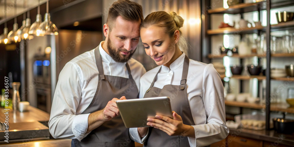 Two restaurant workers, wearing aprons, stand in the kitchen using a touchscreen tablet. They look focused and engaged in their task, with shelves of ingredients and kitchenware behind them Two restaurant workers, wearing aprons, stand in the kitchen using a touchscreen tablet. They look focused and engaged in their task, with shelves of ingredients and kitchenware behind them