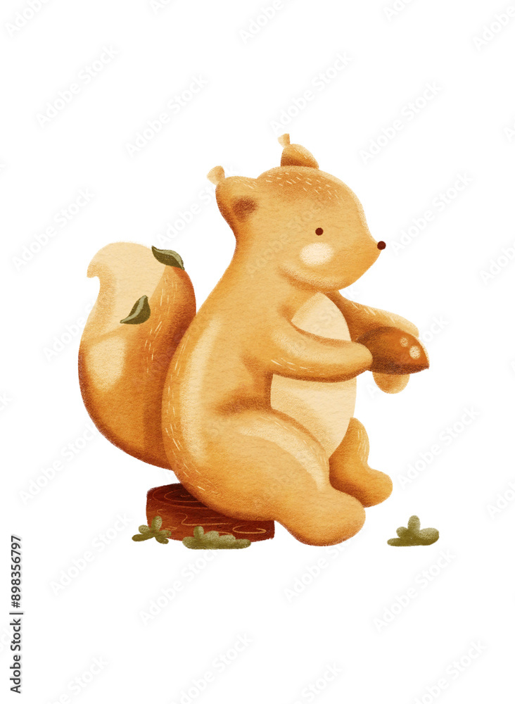 Watercolor cartoon fox with a mushroom Watercolor cartoon fox with a mushroom