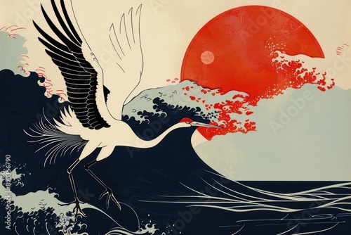 Japanese wave flying bird art. photo