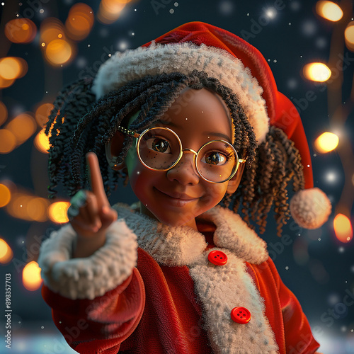 3 D black little girl (10 years old, smiling, looking at camera, Santa costume, dreadlocks, glasses), pointing her finger to the side at empty space against the background of flashlights. Christmas