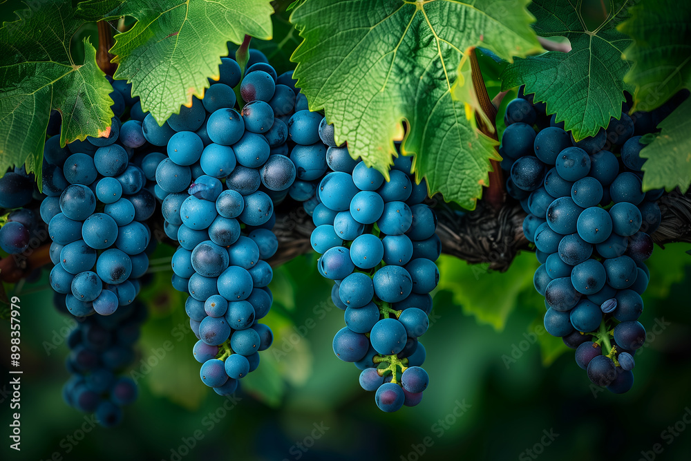Bountiful clusters of ripe Merlot grapes hang heavy on the vine framed by the verdant foliage of a Bordeaux vineyard in Septembers harvest season Bountiful clusters of ripe Merlot grapes hang heavy on the vine framed by the verdant foliage of a Bordeaux vineyard in Septembers harvest season