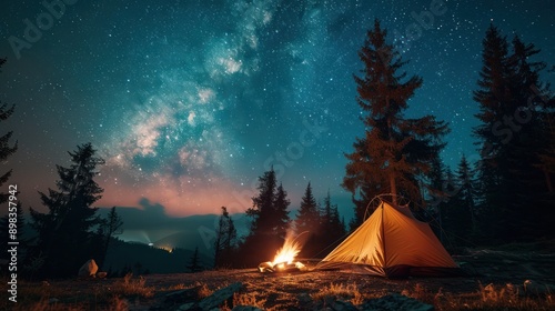 Traveler camping under the stars, with a tent set up and a bonfire glowing