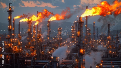 Oil refinery with flare stacks and pipelines, capturing the complexity and scale of the petrochemical industry, © Attasit