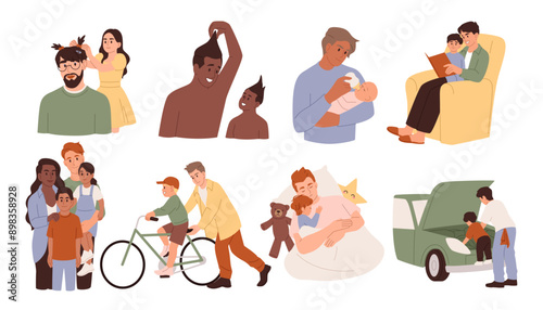 Father with kid. Family leisure. Dads day. Parent playing together with son and daughter. Happy children joy. Read book. Man feeding baby. Games and daddy parenting. Vector fatherhood concepts set