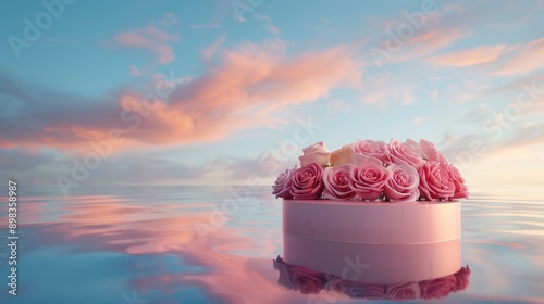The podium background is made up of a flower rose product pink 3d spring table beauty stand display nature white. The backdrop is a garden rose floral field scene perfect for an easter gift or