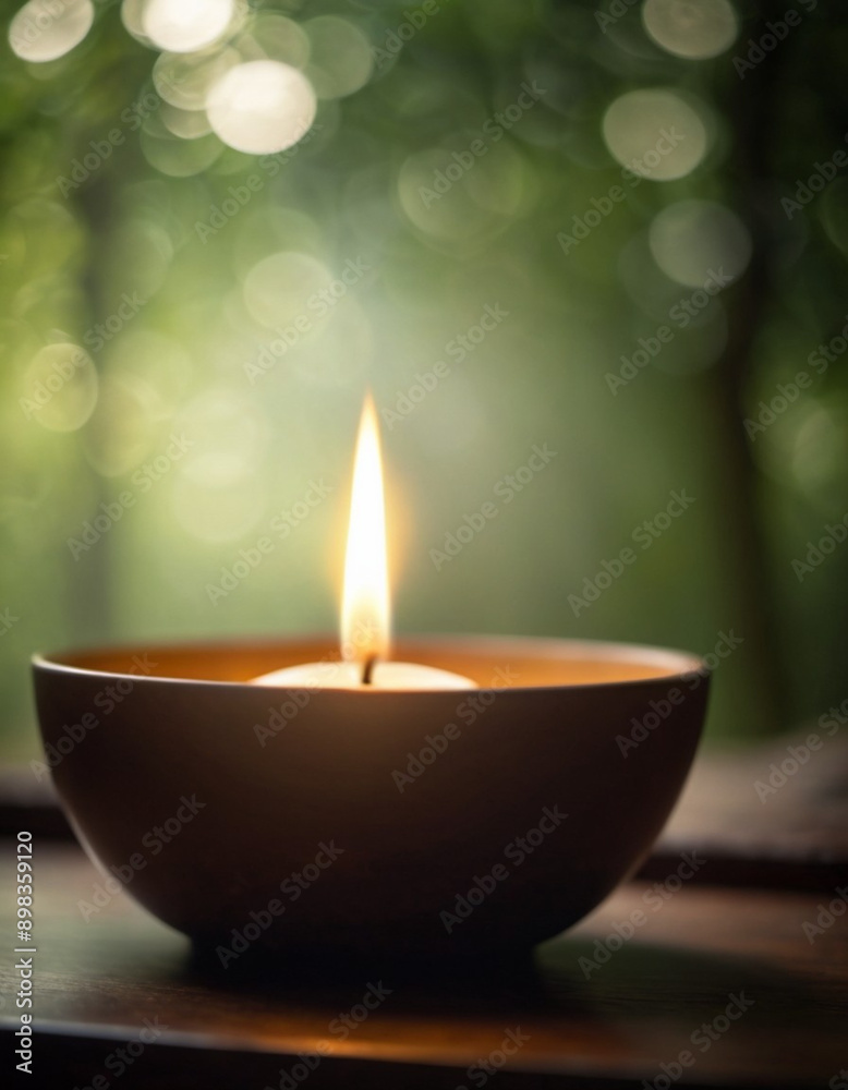 Candle burns in dish with wisp of smoke rising from flame. Background is soft, blurred green, suggesting natural outdoor setting. Warm glow of candle and peaceful scene create sense of tranquility. Candle burns in dish with wisp of smoke rising from flame. Background is soft, blurred green, suggesting natural outdoor setting. Warm glow of candle and peaceful scene create sense of tranquility.