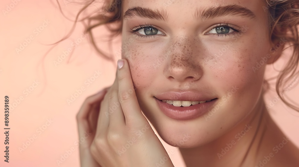 Obraz premium Captivating Close-Up of a Beautiful Woman with Glowing Skin and Soft Lips