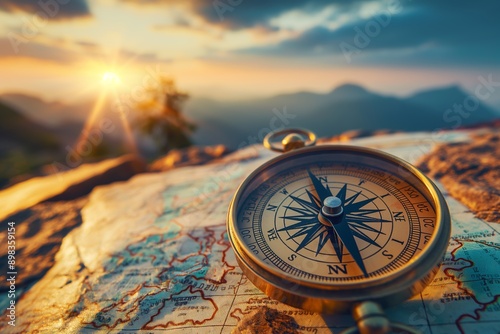 Vintage compass on map with mountain sunset in background