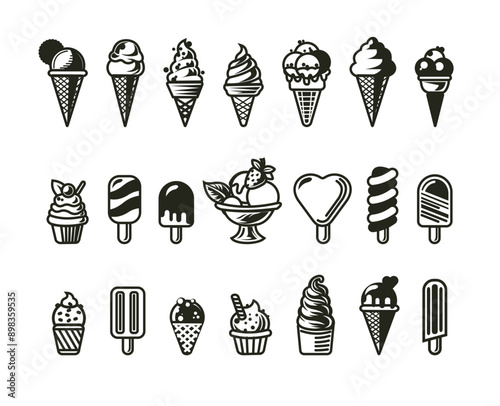 Ice cream icon. Cone cold dessert delicious gelato. Logo food solid shape on stick. Soft snack summer shop items. Popsicle sweet milk flavor, waffle with frozen creamy vector symbol badge isolated set