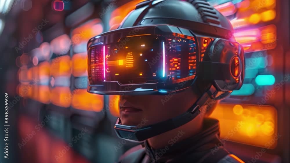 A person in a futuristic virtual reality headset stands in front of a wall of brightly lit screens. A person in a futuristic virtual reality headset stands in front of a wall of brightly lit screens.