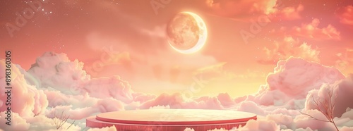 Stage podium backdrop display cloud pastel scene render stand. Pink podium stage minimal abstract background beauty dreamy space studio pedestal smoke showcase geometric white background.