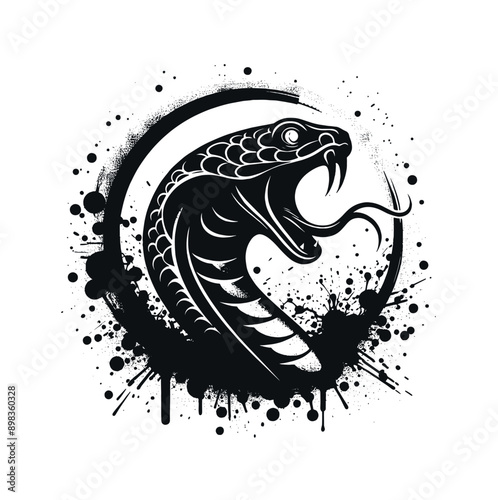 Cobra snake head. round emblem.  Black vector illustration. Abstraction, tattoo sketch, print	