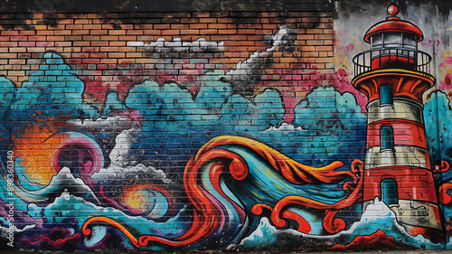Pop art comic street graffiti with a Lighthouse brick wall.