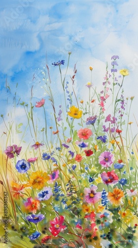 Blooming Bliss: Radiant Flower Meadow in Watercolor Painting with Clear Skies and Joyful Vibes © LOMOSONIC