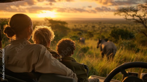 Family on a safari, observing animals in their natural habitat from a jeep