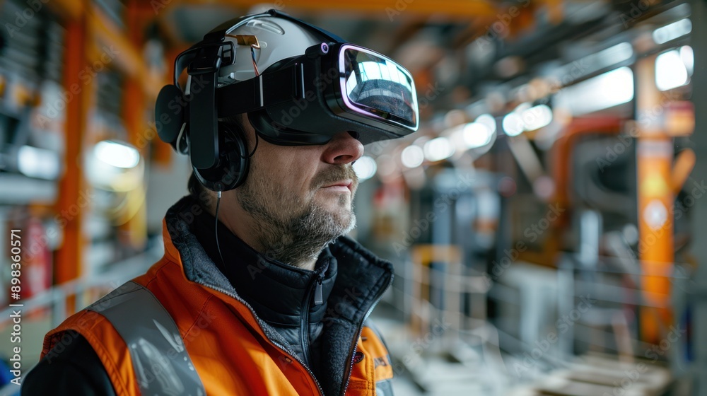 Engineer wearing a VR headset to visualize construction plans, illustrating virtual reality in engineering Engineer wearing a VR headset to visualize construction plans, illustrating virtual reality in engineering