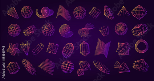 Grid wireframe. Cyber retro shapes. Punk wave. 80s perspective portal. Futuristic gravity. 90s mesh figures. Cyberpunk geometry frame. Sphere line globe. Gradient spiral. Vector 3D tech elements set
