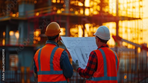 Engineers reviewing blueprints on a construction site, emphasizing collaboration and planning