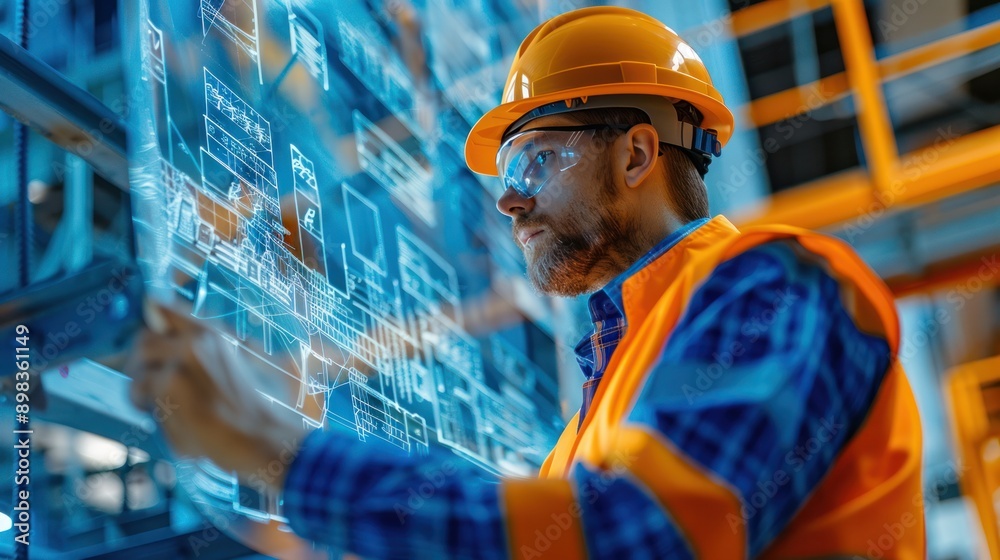 Engineer examining a digital model of a structure, highlighting the integration of digital tools in construction Engineer examining a digital model of a structure, highlighting the integration of digital tools in construction