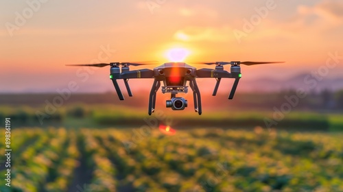 Drone flying over agricultural fields, emphasizing technology in modern farming