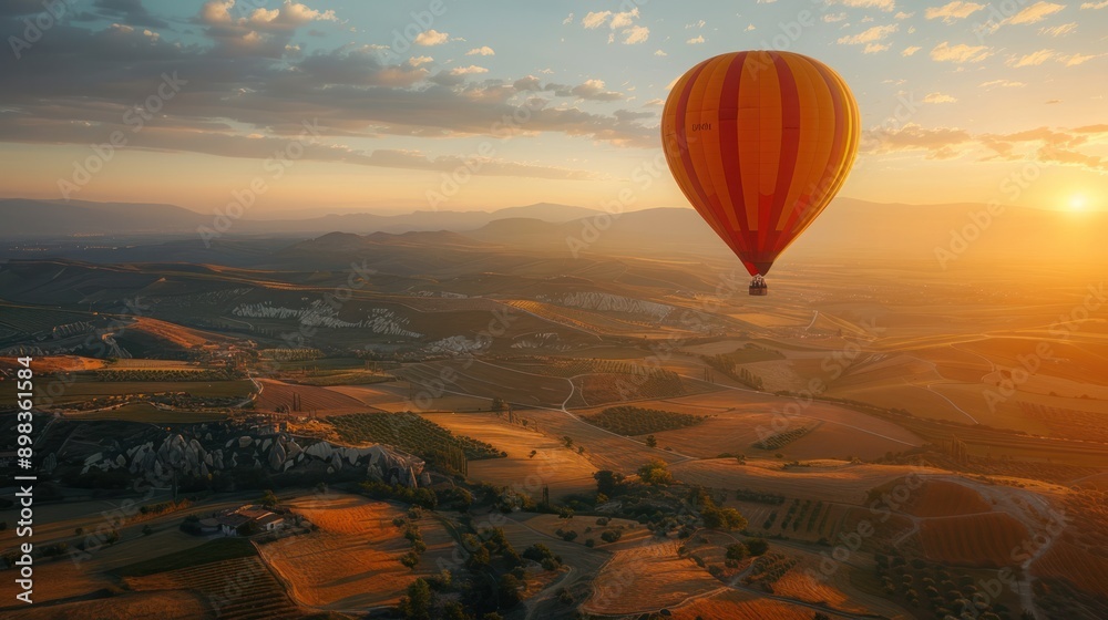 Couple enjoying a hot air balloon ride over a picturesque landscape, capturing a magical moment Couple enjoying a hot air balloon ride over a picturesque landscape, capturing a magical moment