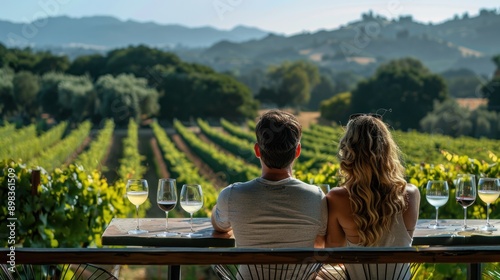 Couple enjoying a wine tasting tour, savoring different wines in a picturesque vineyard