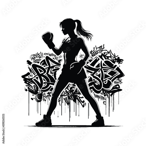 Boxing, Kickboxing   female player in graffiti tags, street art pattern illustration, emblem shield badge