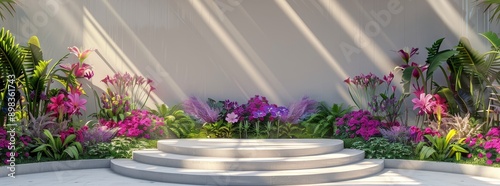 Pink spring flower 3D display background. White blossom summer abstract shadow platform minimal design prototype.