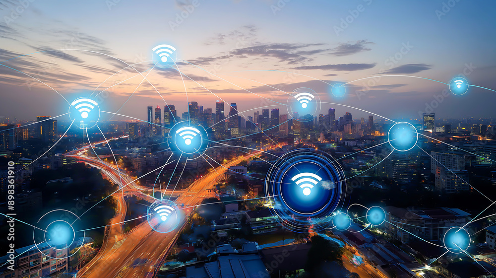 Smart city and communication network concept. Smart city and wireless communication network. Wireless network and Connection technology concept Smart city and communication network concept. Smart city and wireless communication network. Wireless network and Connection technology concept