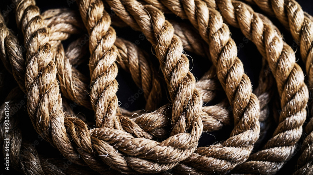 Detailed close-up of thick natural fiber ropes intricately twisted together against a softly lit background

