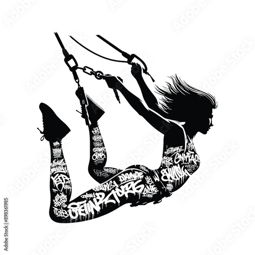 Bungee Jumping  female player in graffiti tags, street art pattern illustration, emblem shield badge