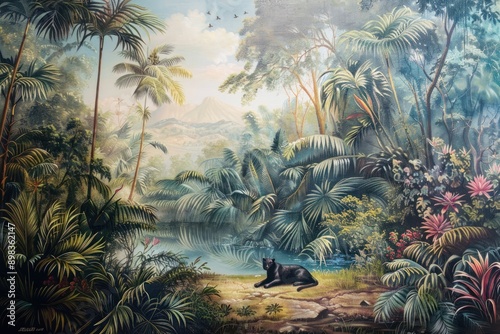Fototapeta Naklejka Na Ścianę i Meble -  Animal in jungle painting art vegetation.