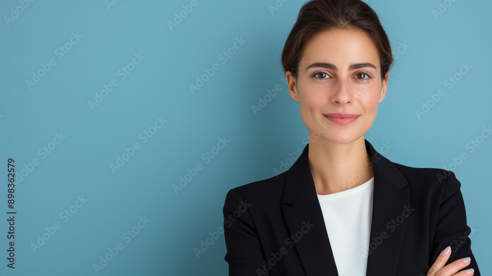 A confident businesswoman with a slight smile, in a black blazer and white shirt, standing with crossed arms against a light blue background. The image exudes professionalism and calmness. A confident businesswoman with a slight smile, in a black blazer and white shirt, standing with crossed arms against a light blue background. The image exudes professionalism and calmness.