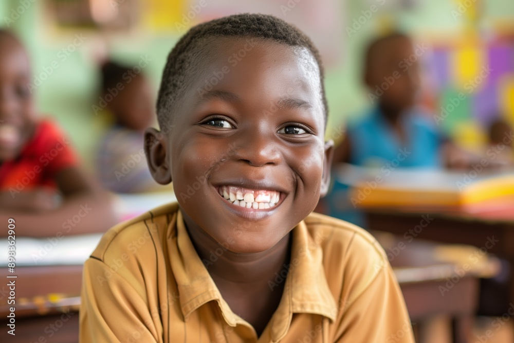 A schoolboy beaming with joy, surrounded by the learning environment. A schoolboy beaming with joy, surrounded by the learning environment.