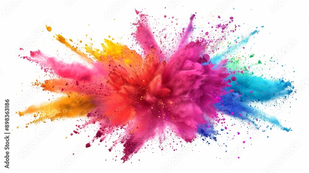 Colorful rainbow powder dust explosion with a splash of paint on the wall. Painting explosion texture wallpaper concept cloud with rainbow smoke. Stock illustration.